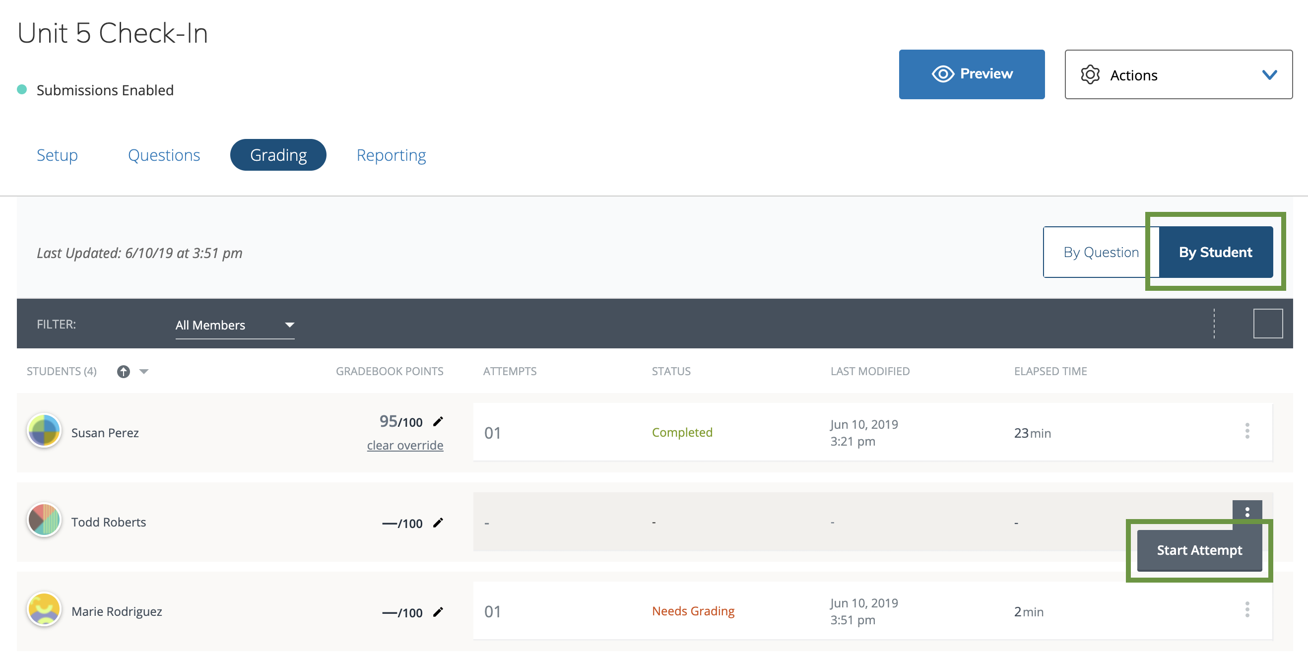 Grading area of an assessment highlighting the By Student view and the Start Attempt option 