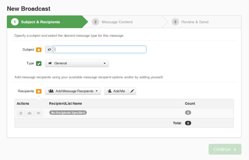 New Broadcast - Subject and Recipients window