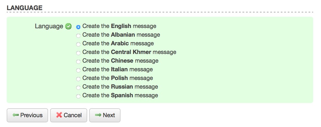 Add Phone Message Wizard - Language window