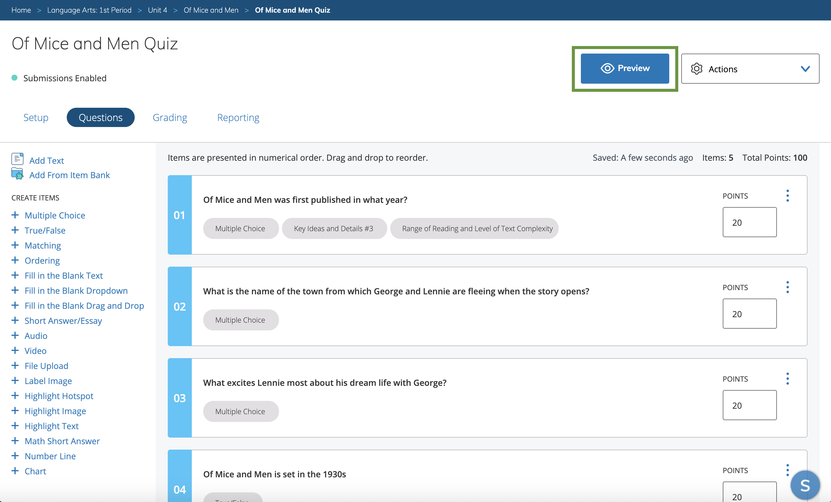 Questions section of an assessment highlighting the option to preview
