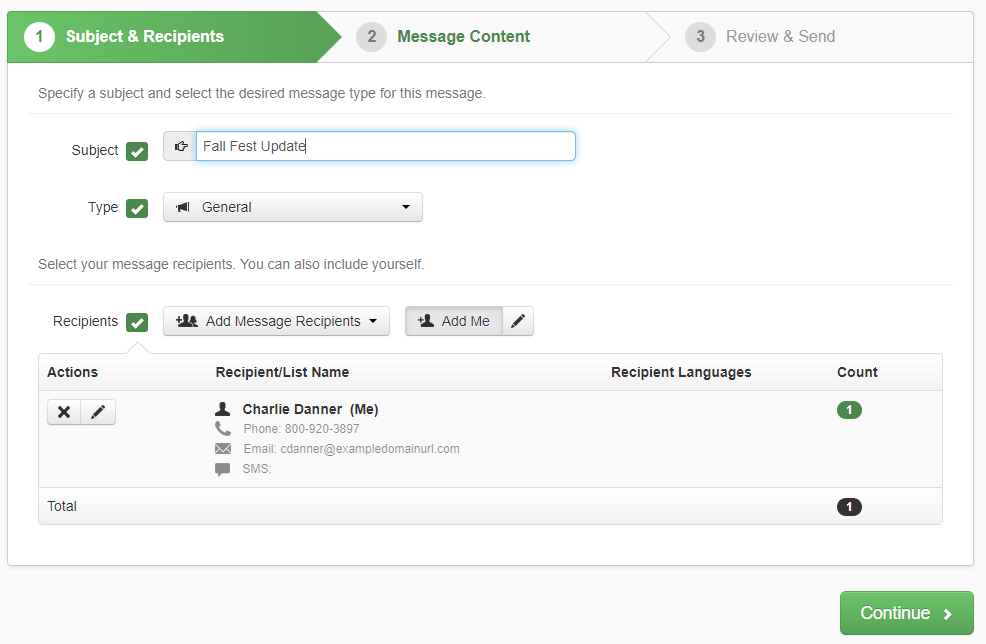 New Broadcast - Subject and Recipients tab