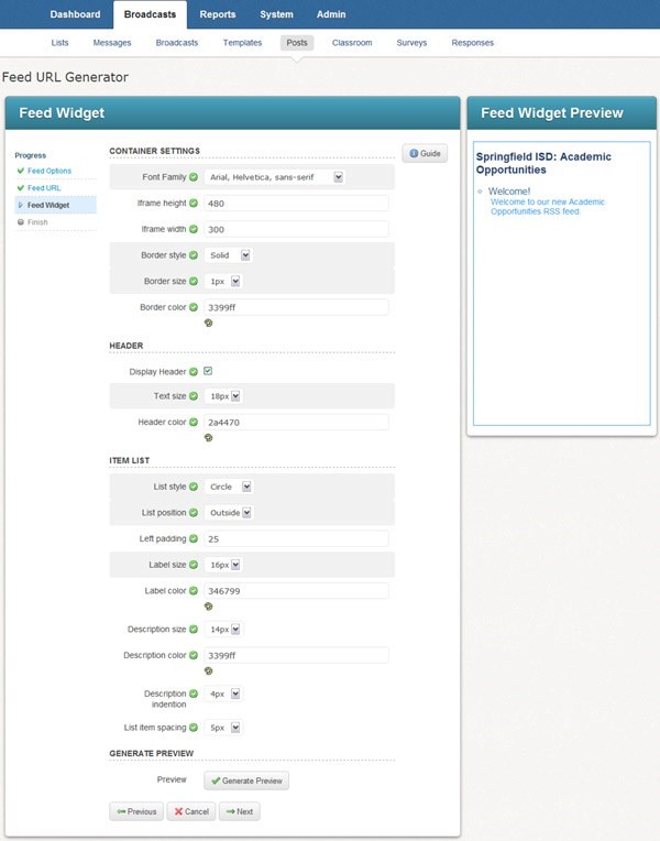 Feed URL Generator - Feed Widget window