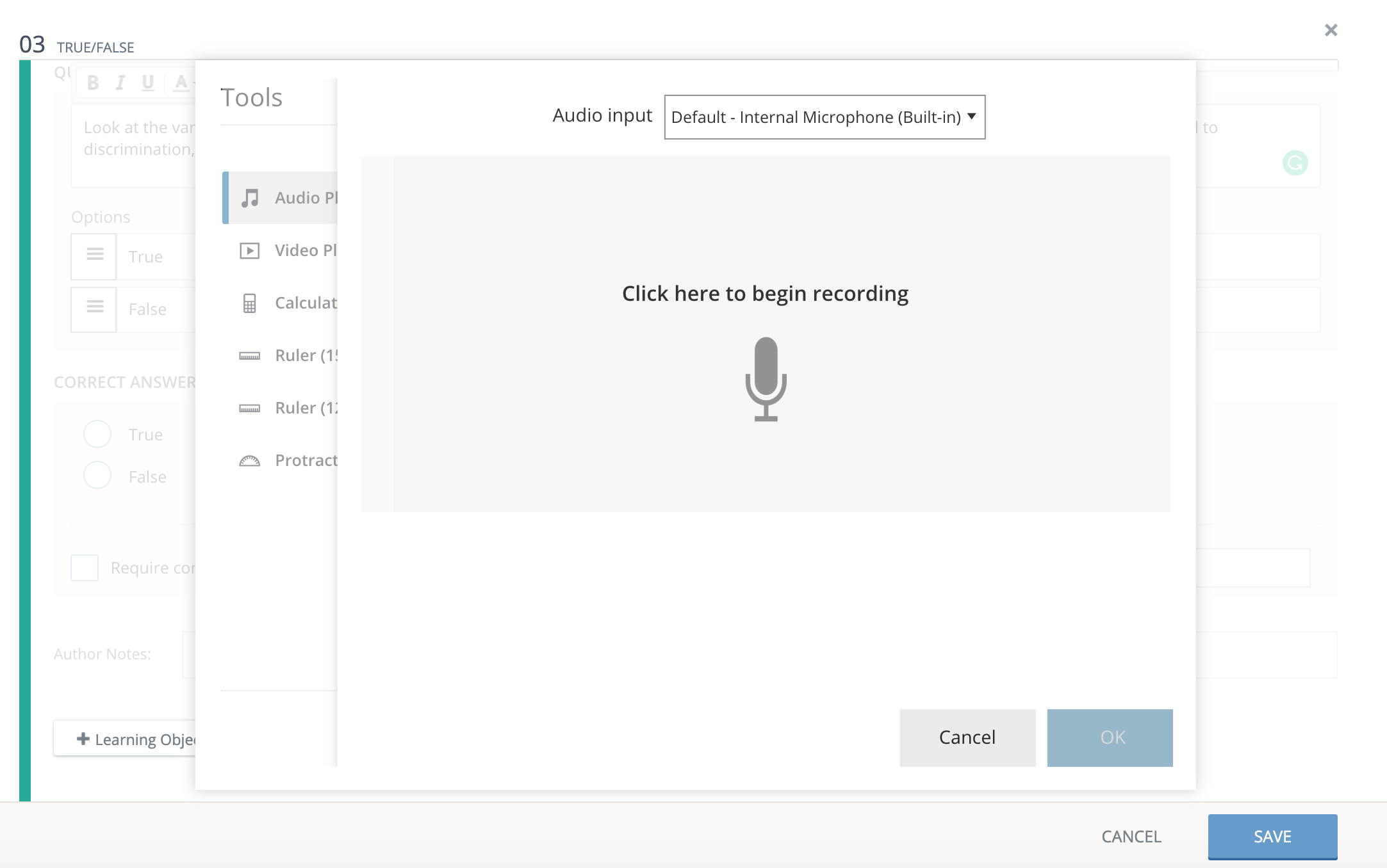 Audio recording interface with options to adjust input and a button to start recording