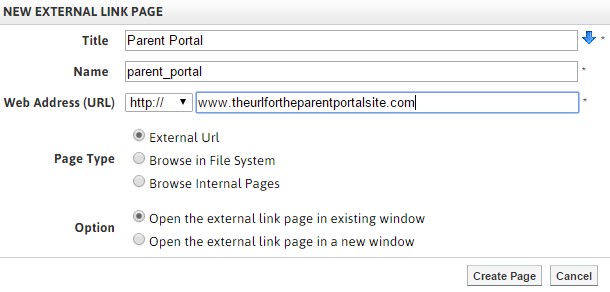 New External Link Page window