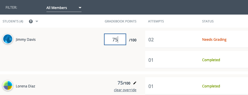A score that has been overridden in the By Student table.